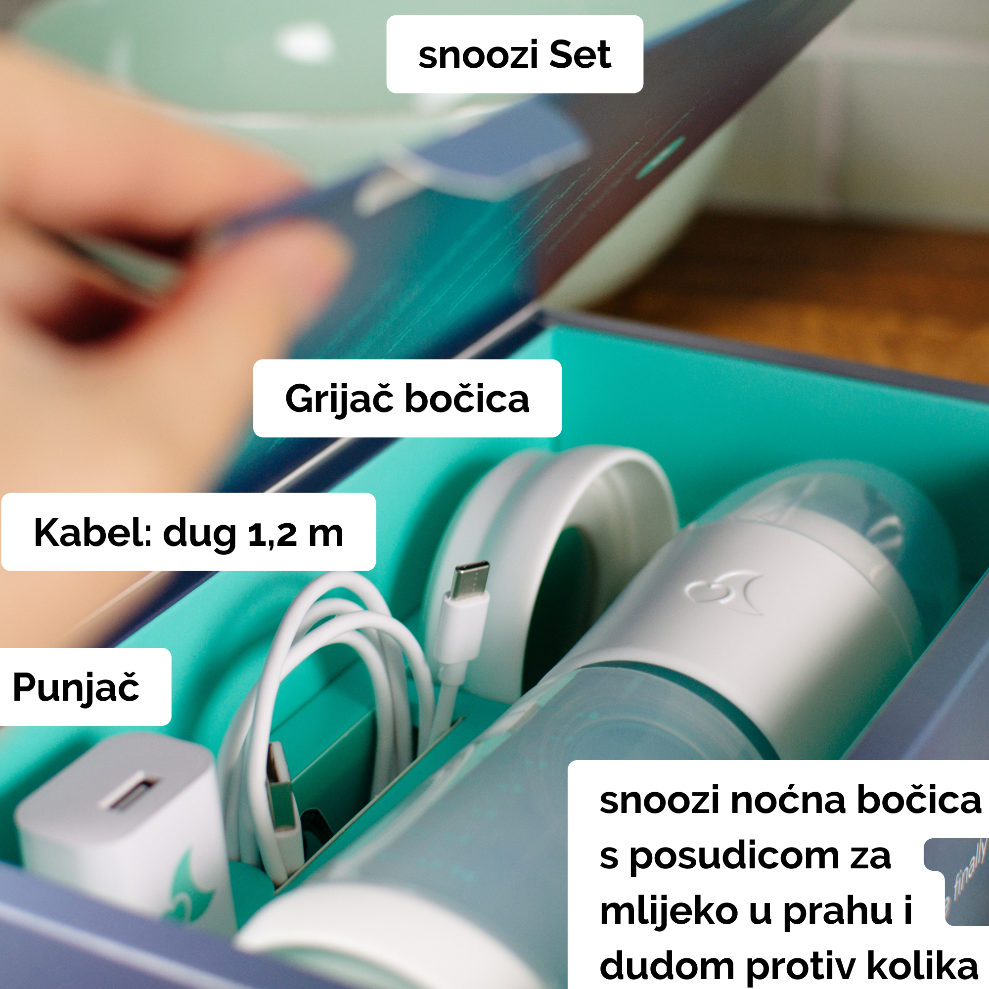 snoozi set: noćna bočica s grijačem za bočice